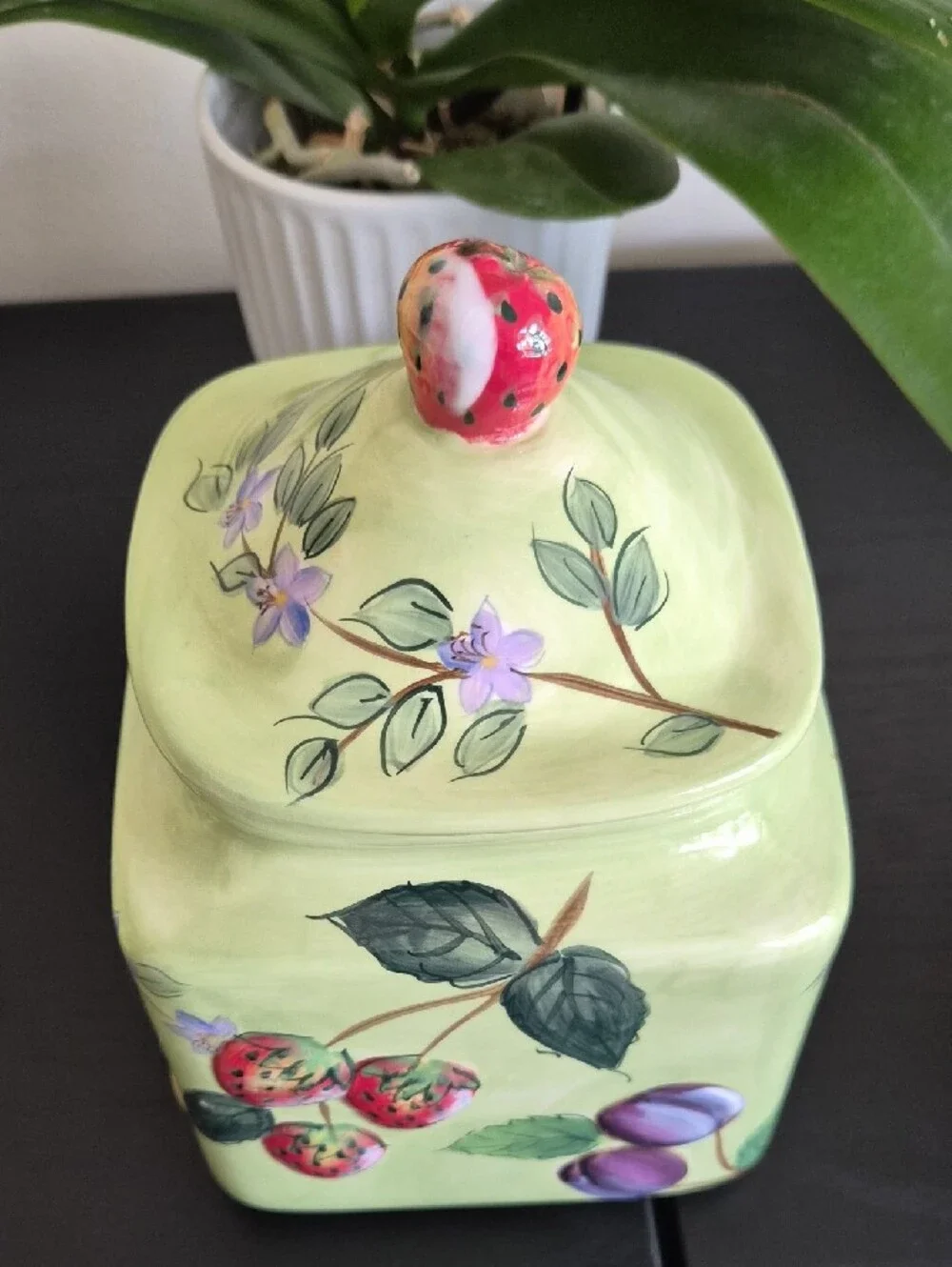 Vintage Hand-Painted Green Fruit Ceramic Canister Set Of 3
